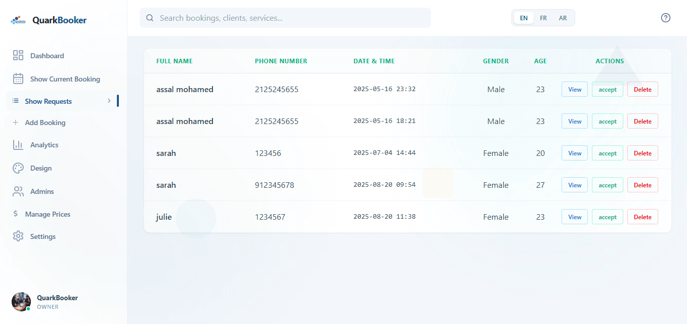 QuarkBooker Dashboard