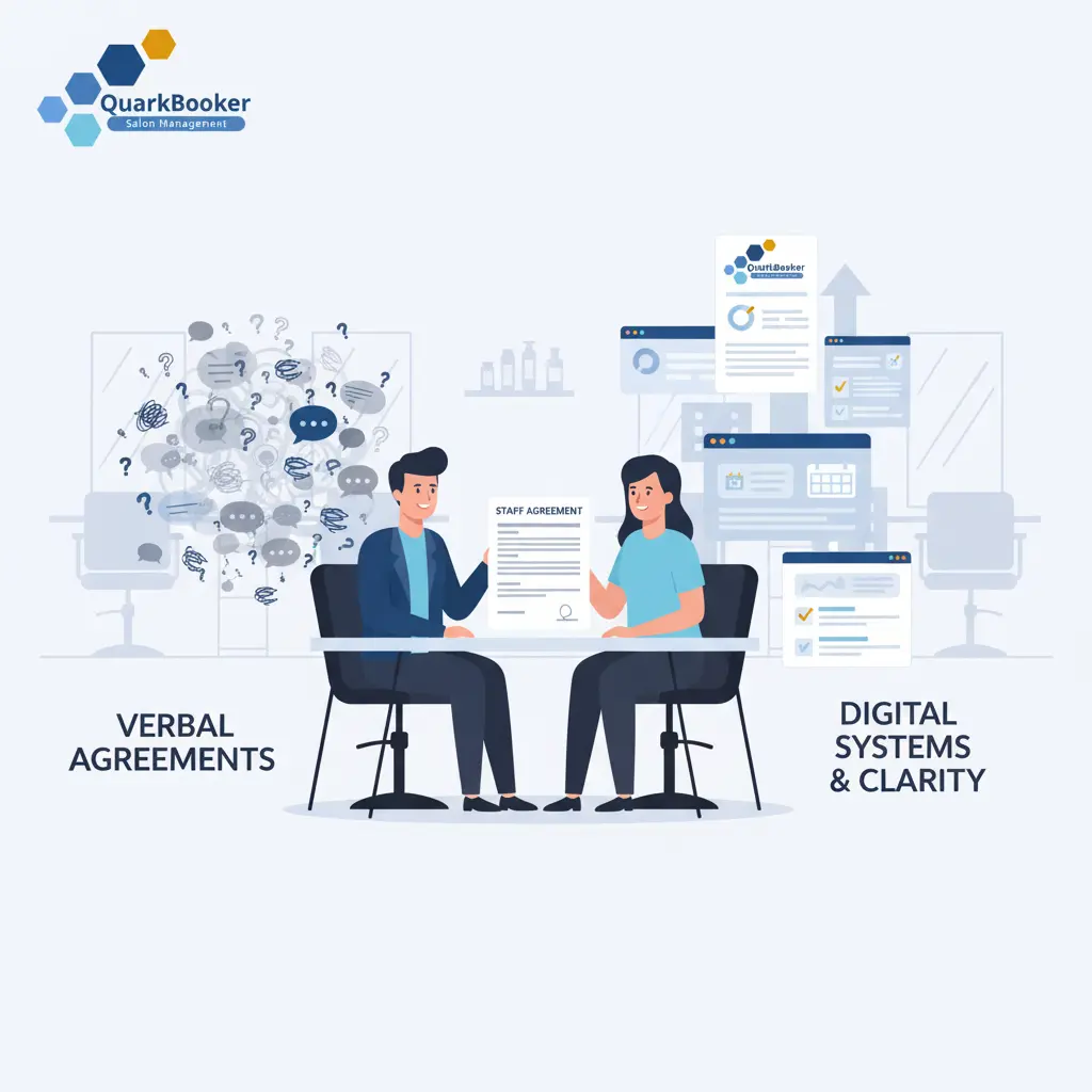 Salon manager reviewing written staff agreement with employee