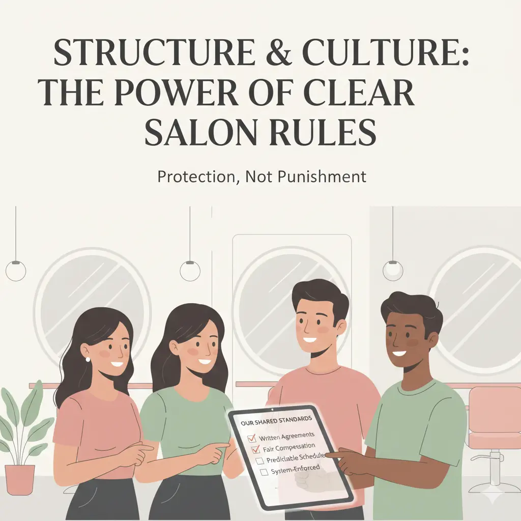 A diverse, professional salon team having a positive, structured morning meeting in a modern salon.