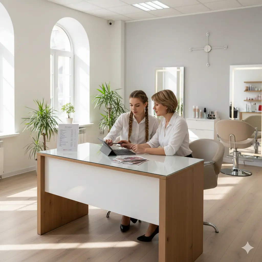 professional salon owner reviewing service pricing strategy with staff in modern beauty salon