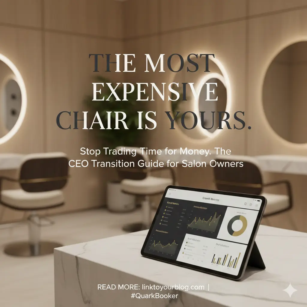 Minimalist salon office showing a tablet with business growth metrics and a clear view of a productive salon floor.