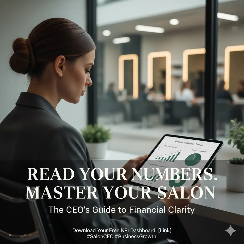 Professional salon owner analyzing business growth metrics and staff utilization on a digital dashboard.