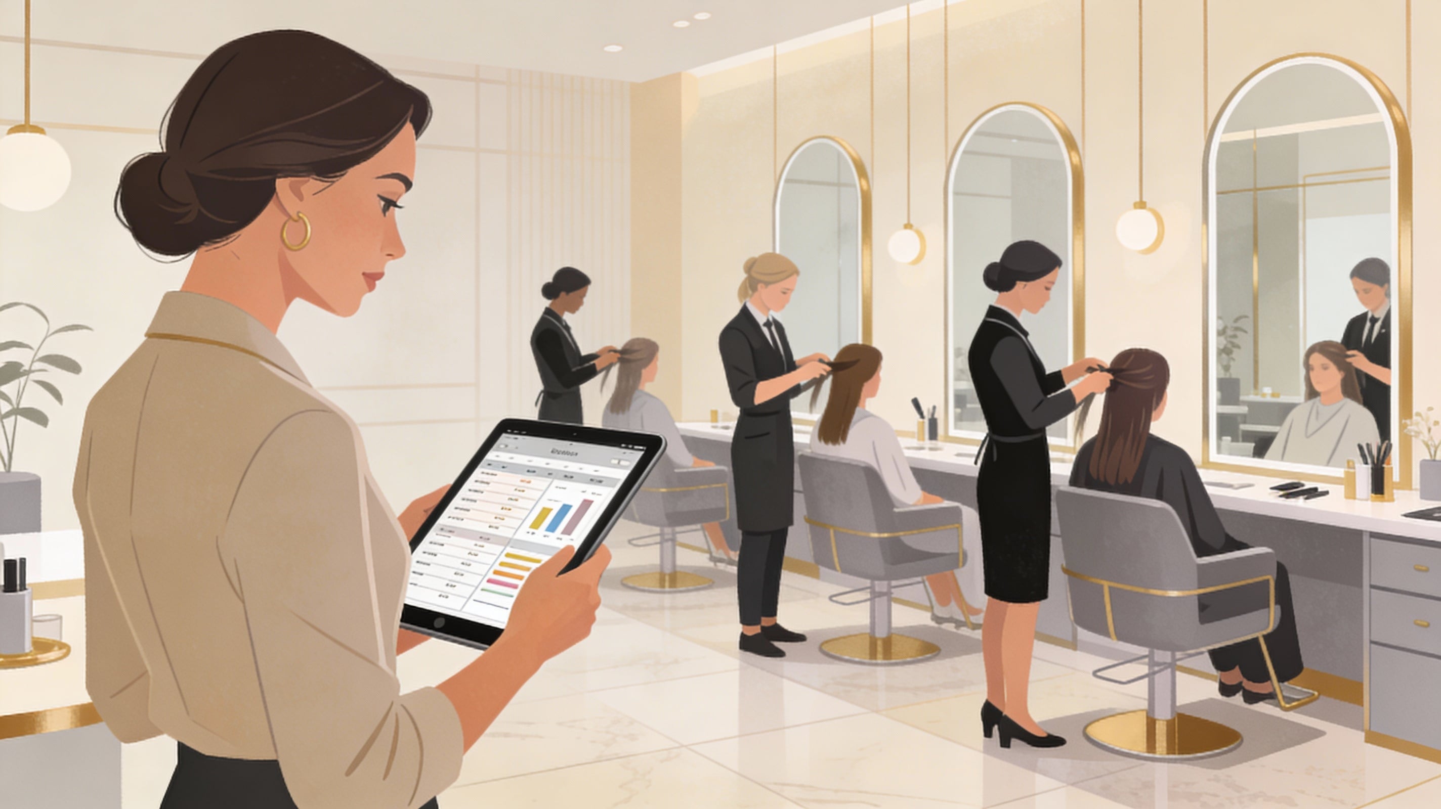 Salon owner managing staff scheduling and growth systems