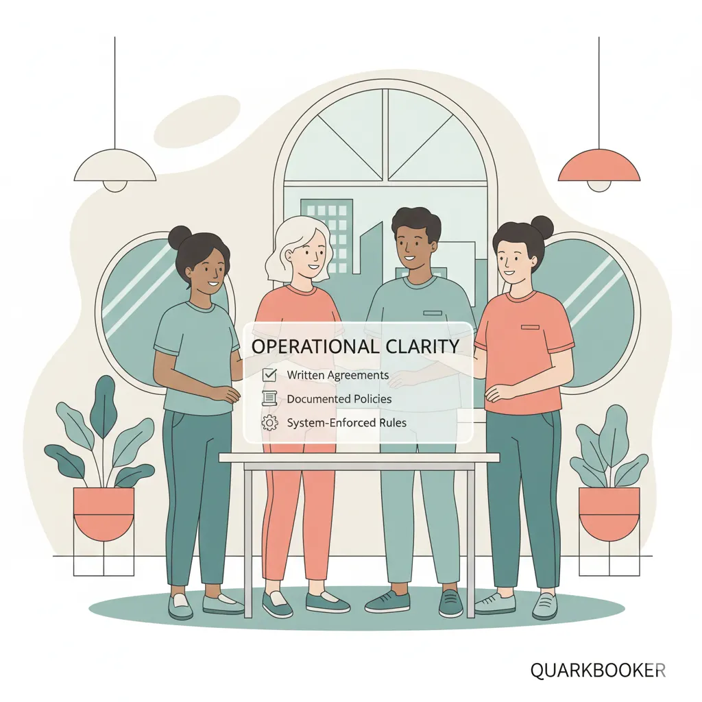 Minimalist graphic of a salon team reviewing clear operational policies for better workplace retention.