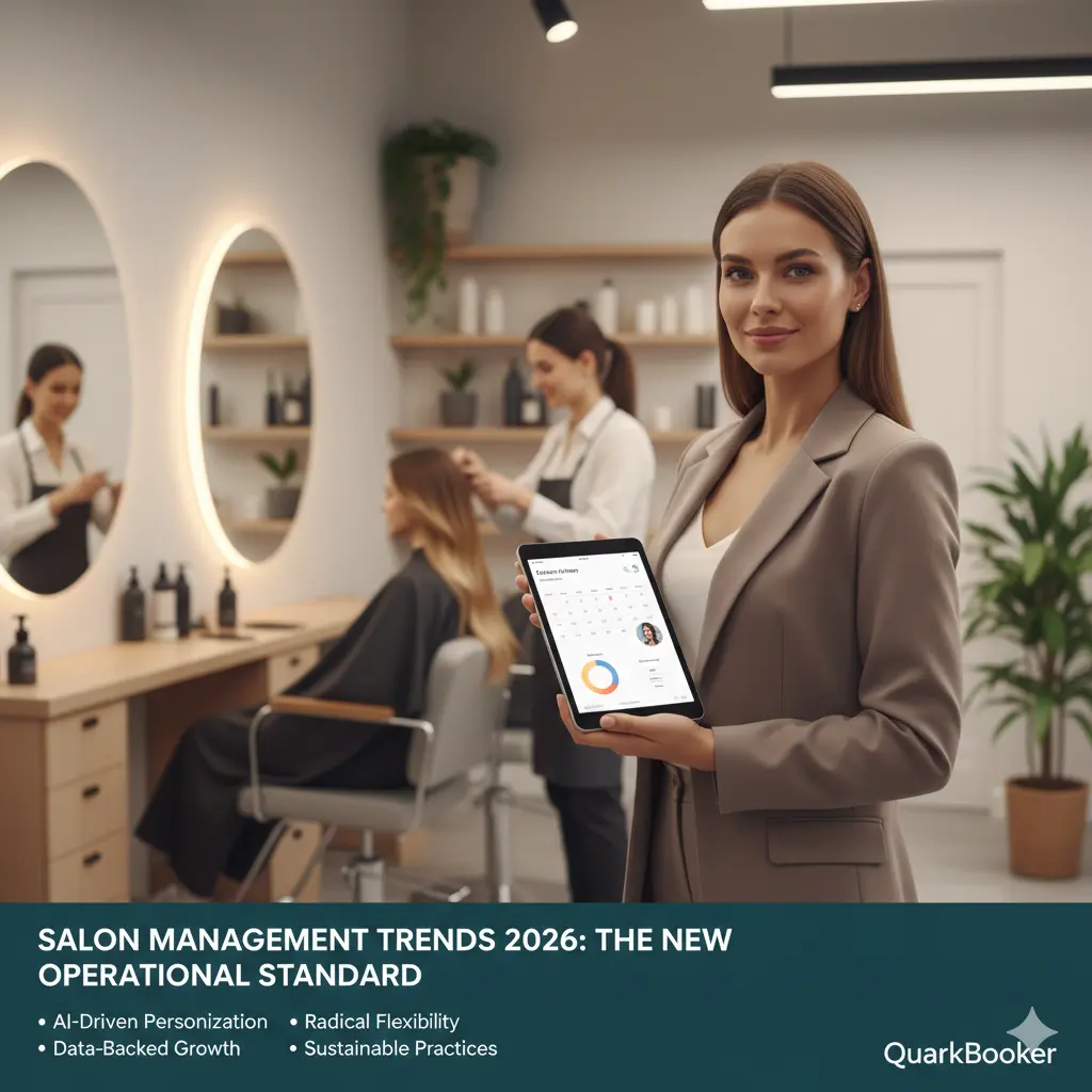 A high-end, minimalist salon interior with a focus on modern digital tools and a professional, organized atmosphere.