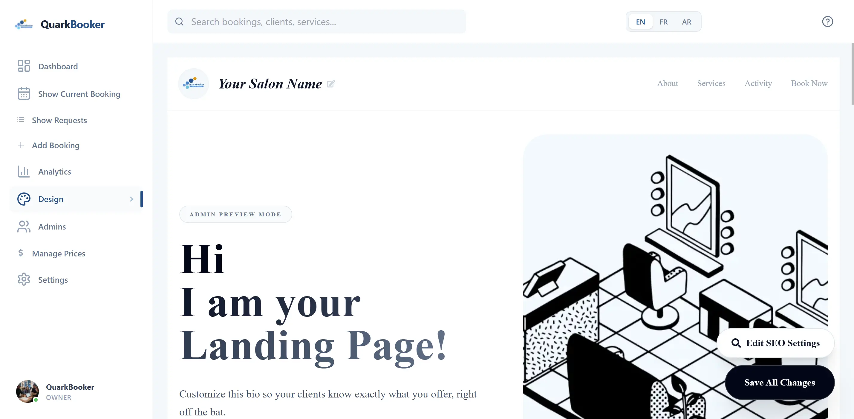 Modern salon owner managing appointments on a free SEO booking landing page with high Google visibility and clean minimalist design