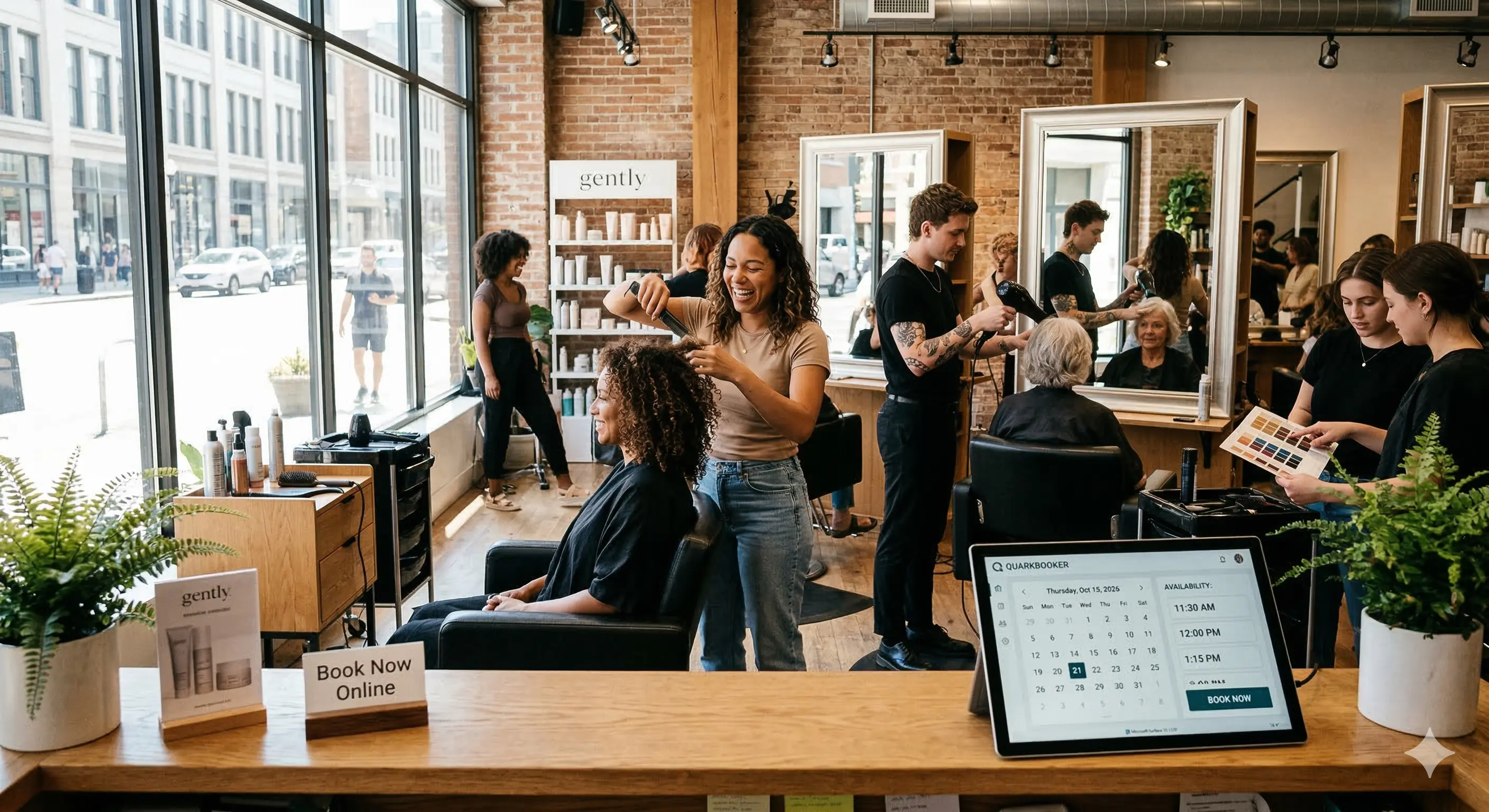 Modern beauty salon interior with a digital interface showing AI-driven SEO analytics and ranking growth charts.