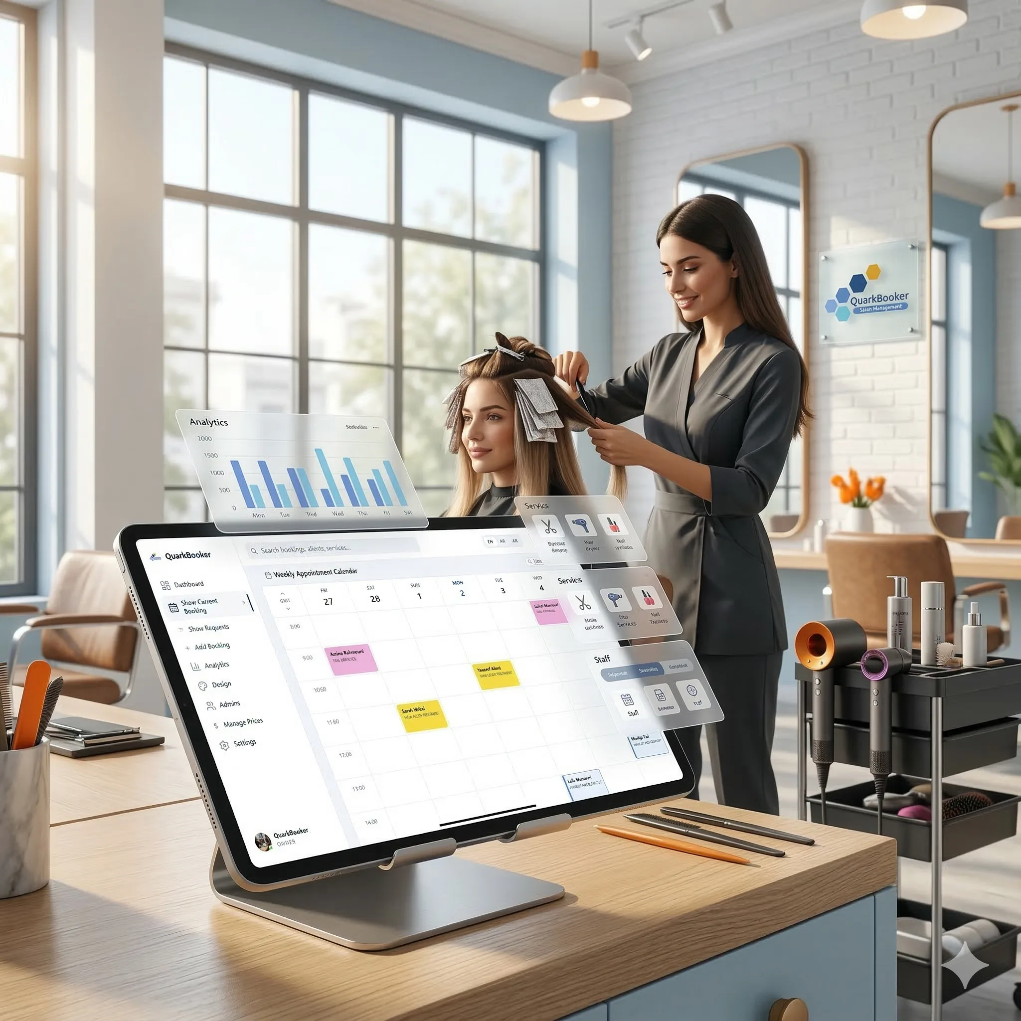 QuarkBooker salon dashboard UI on tablet with stylist, moder
